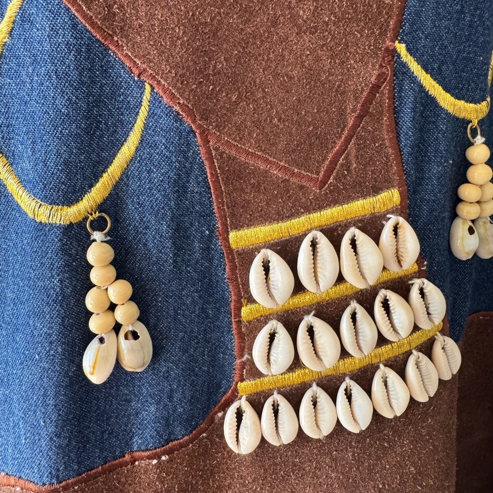 Vtg 90s Molato Jacket XL Denim Long Duster Abstract African Tribal Art Cowrie 2X - Picture 5 of 11